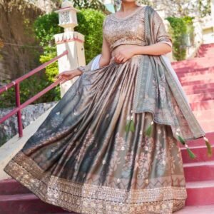 Greyish Maslin Sarting Lehenga Choli with Golden Blouse | Digital Print & Embroidery Work | Wedding & Festive Wear