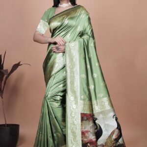 Elegant Sage Green Banarasi Silk Saree with Golden Zari Motifs & Peacock Pallu | Wedding, Festive & Traditional Wear