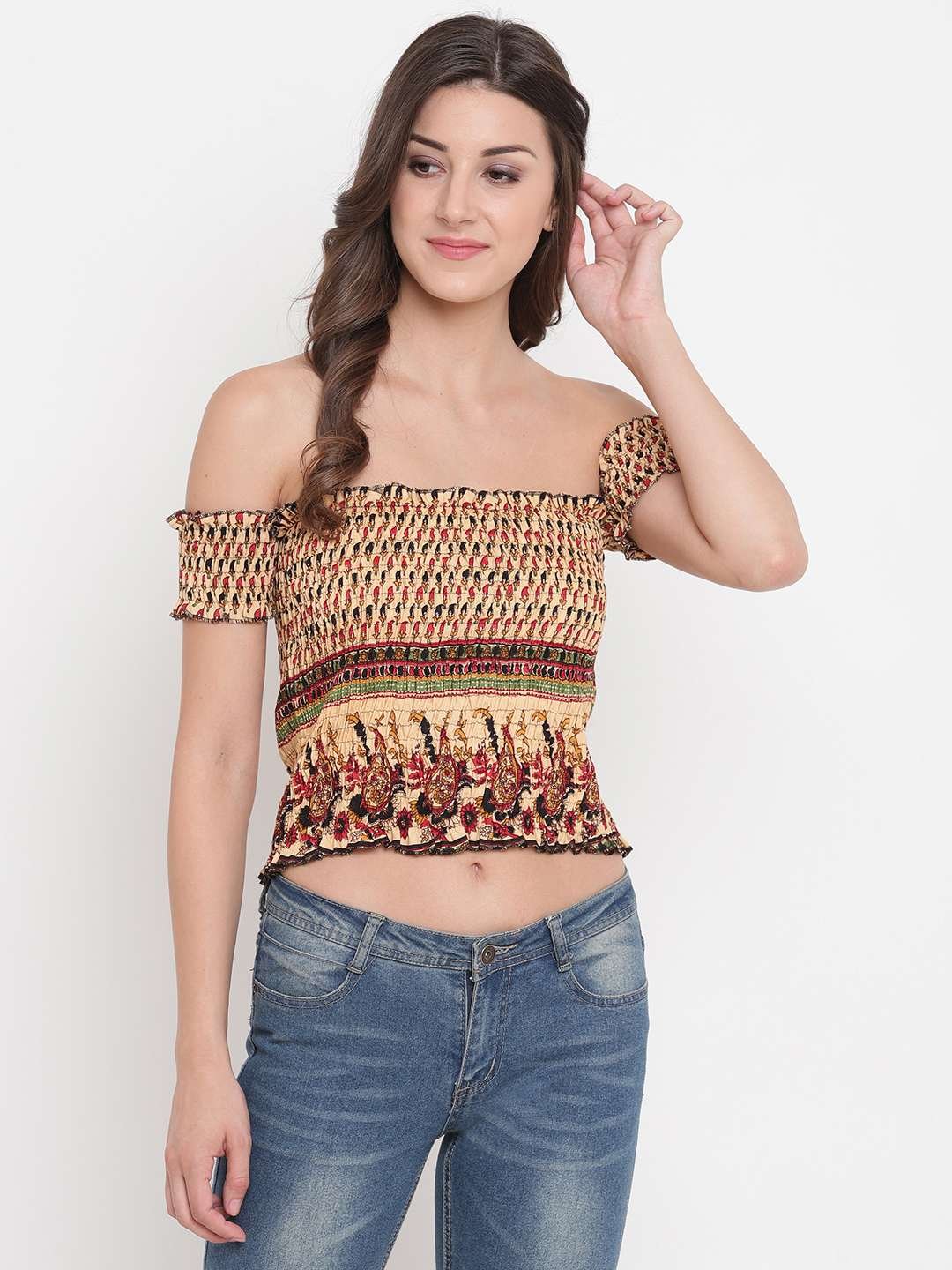 Women's Rayon Printed Off-Shoulder Smocked Crop Top Short Sleeve Casual Styles Tank Top (FREE SIZE) Multi4